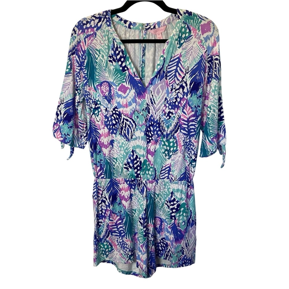 Lilly Pulitzer Bryce Romper Quill Out Blue Tropical Women's XS Preppy Summer